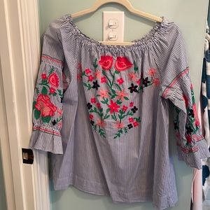 Crown and Ivy blue and white striped shirt with floral embroidery.